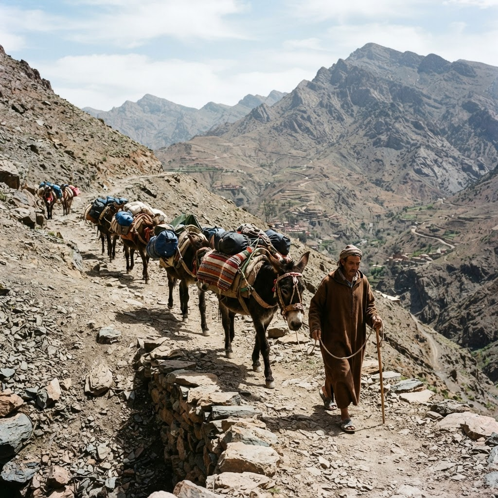 Mule caravan carrying trekking gear through the mountains