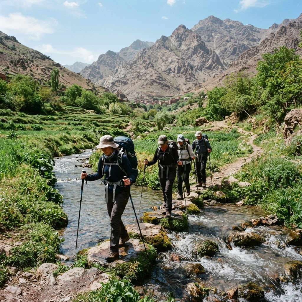 Trekkers crossing a mountain river