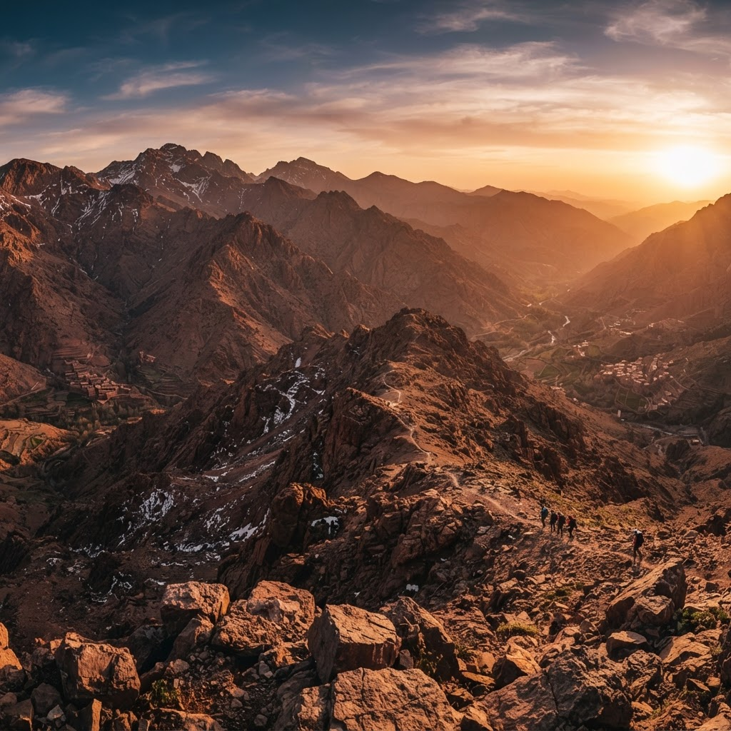 Golden hour light over the High Atlas Mountains ridgeline in Morocco